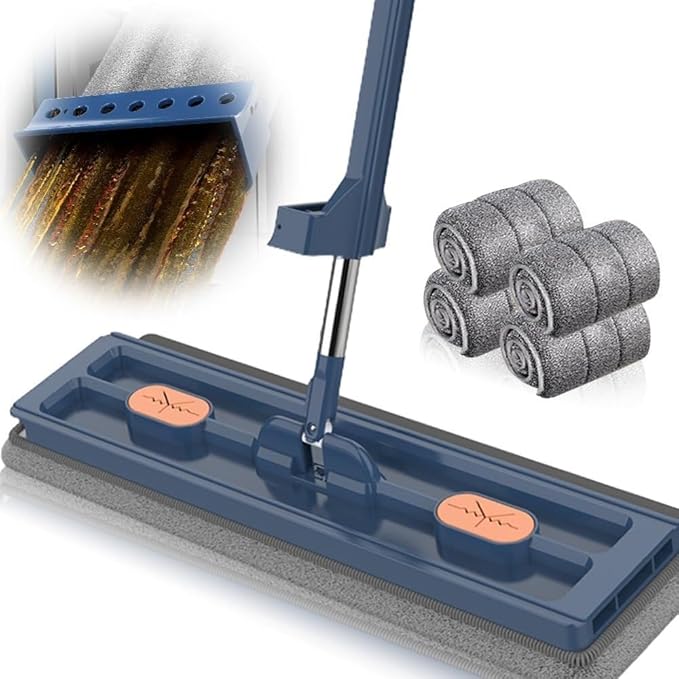 Large Flat Mop New Upgrade Style Large Flat Mop for Wet and Dry Use360 Rotating Dust Mop with Dewatering Scraper with 2 Scraper 12027(Blue with 4 Mop)