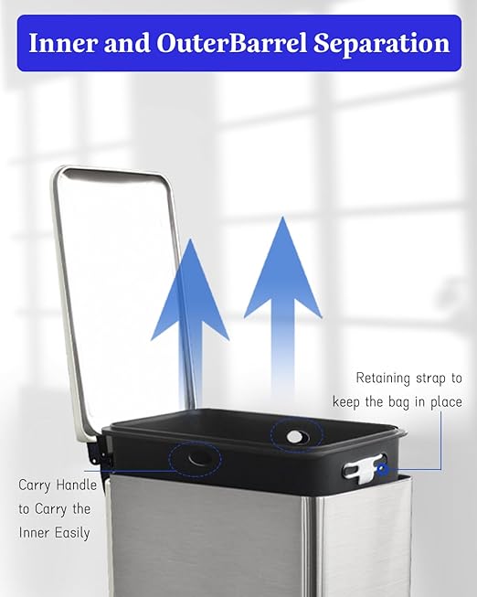 8 Gallon Kitchen Trash Can Stainless Steel Step Pedal Trash Can with Inner Bucket Soft Close Lid and Stays Open for Apartments RVs Dorms Offices or Bathrooms