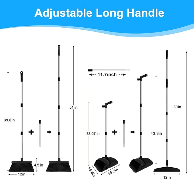 Broom with Dustpan Combo Set and Silicone Air Broom Kit 51 Long Handle Floor Squeegee Black Household Kit for Glass Window Rugs Pet Hair Home