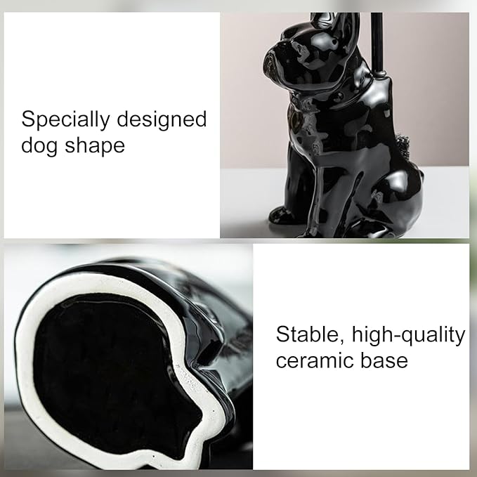Comeon Ceramic Dog White/Black Toilet Brush and Holder Set Plastic Handled Scrub Brush for Bathroom Cleaning13.7*6.3 (Black)