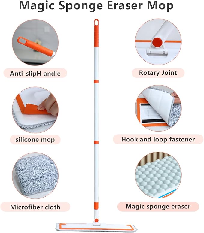 Magic Sponge Eraser Mop 56 Handle with Flexible 15 Flat Head2 Microfiber Pad and 3 Magic Sponge Eraser Pads (Mop Set15 Mop-Head)