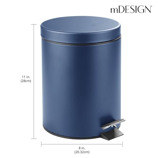 mDesign Pedal Bin — Metal Waste Bin with Pedal Lid and Plastic Bucket Insert — for Bathroom Kitchen and Office — 5 Litre Household Rubbish Bin with Ergonomic Design — Blue
