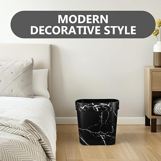 VALICLUD Oval Marble Pattern Plastic Wastebasket Open Top Trash Bin with Innovative Ring for Secure Bag Placement for Bathroom Kitchen and Office Use Easy