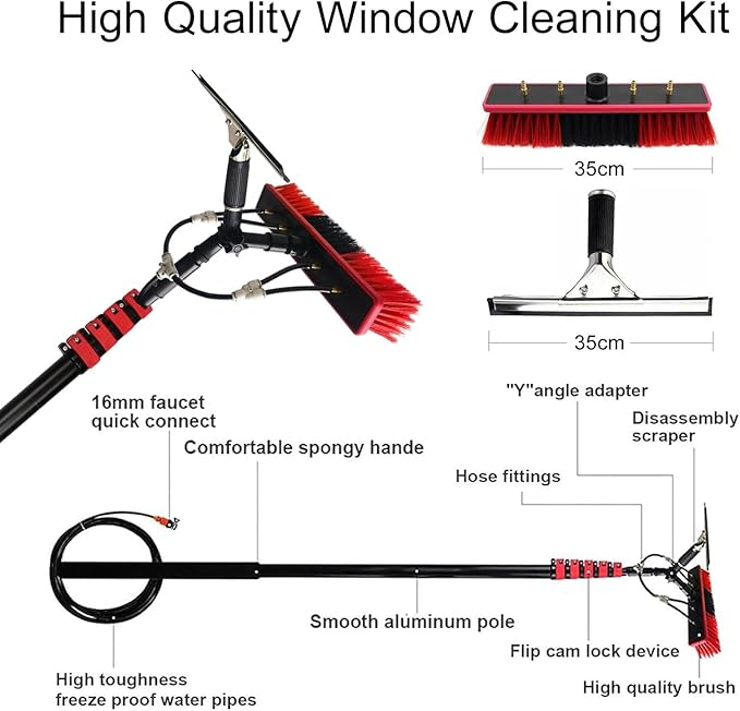 Water Fed Pole Telescopic Window Cleaner Conservatory Roof Cleaner Water Fed Extendable Brush/Window Clean Kit/Roof Cleaning Tools Come with Rubber Gloves9m/30ft