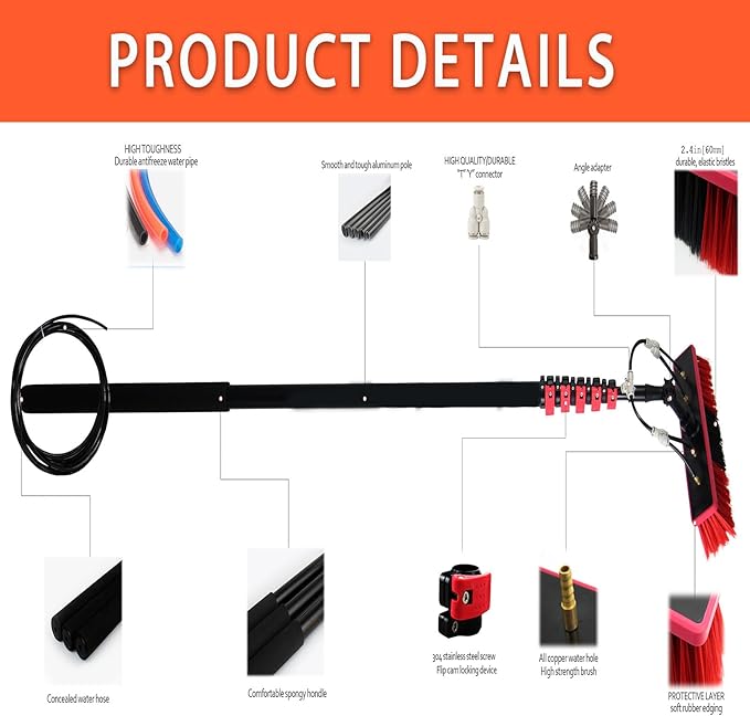 36ft Solar Panel Window Cleaner Extendable Outdoor Window Cleaner Cleaning Brush &amp Pole Kit Water Fed Pole Brush for Conservatory Roof Glass Solar Panel(Size:30FT)