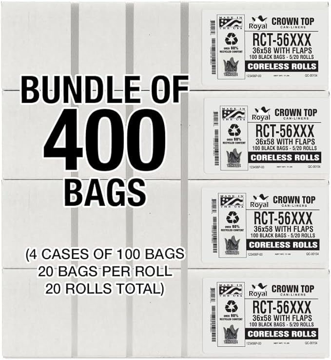 Heavy Duty 56 Gallon Trash Bags - (Huge 400 Pack/w Flap Ties) - 2.0 MIL (Equivalent) 43 x 46 Star Sealed Bottom Thick Garbage Bags for Contractors Lawn Leaf Yard Waste Commercial Kitchen