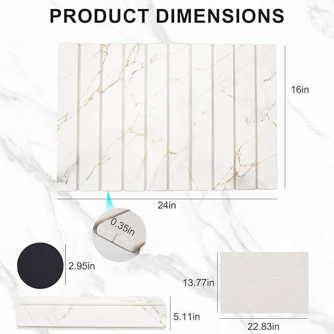 Stone Drying Mat for Kitchen Counter 24x16 Inch Foldable Diatomaceous Earth Stone Sink Fast Absorbing Dish Drying Mats for Dishes Bottles Cups Match any Countertop (White 24x16 Inch)