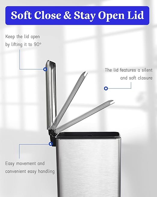 8 Gallon Kitchen Trash Can Stainless Steel Step Pedal Trash Can with Inner Bucket Soft Close Lid and Stays Open for Apartments RVs Dorms Offices or Bathrooms