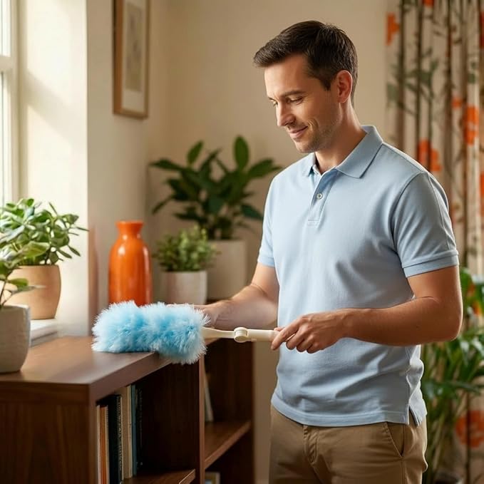 60-Pack Dusting Mop Refill Set Disposable Power Dusting Duster Compatible with Swiffer. Includes 1 Handle and 3-Foot Extension Pole Ideal for Cleaning Furniture Bookshelves and Ceiling Fans.