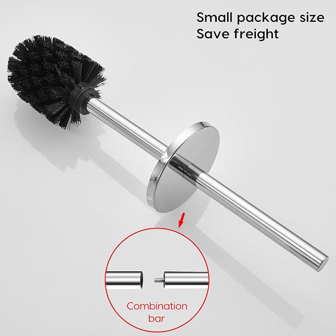 Toilet Brush and Brush Holder Stainless Steel No-Punch Hook Base Dual Purpose Toilet Brush Holder with Removable Inner Bucket and Splash Cover - Soft Bristles (Chrome)