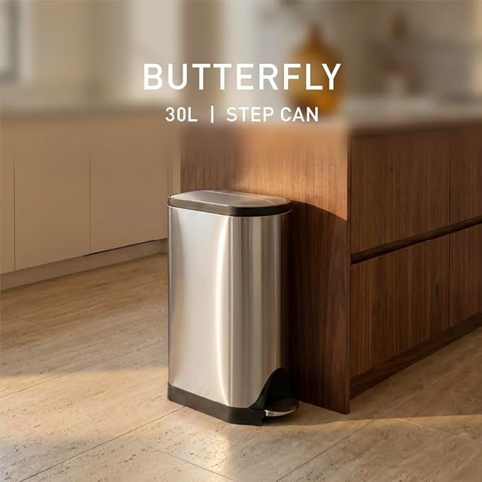 simplehuman 30 Liter / 8 Gallon Butterfly Lid Kitchen Step Trash Can Brushed Stainless Steel