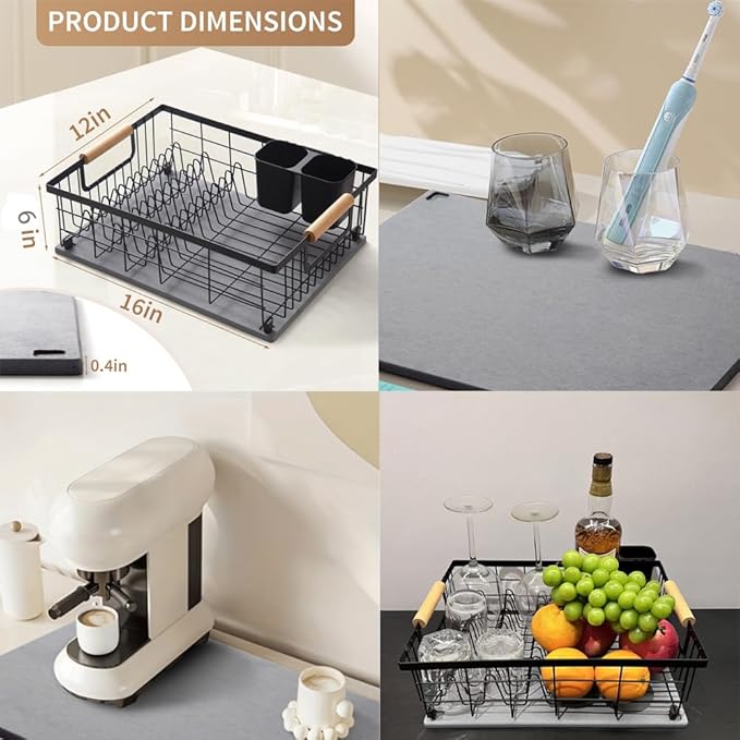 Dish Drying Rack with Stone Drying Mat Dish Drainer and Diatomaceous Earth Dish Mat Dish Drainers for Kitchen Counter with Stone Dish Mat
