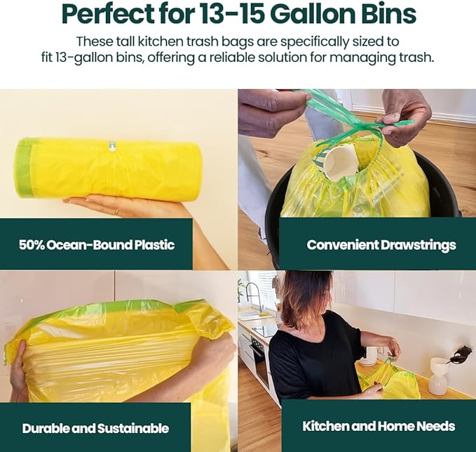 13 Gallon Trash Bags with Drawstrings 80 Bags Made from 50% Recycled Plastic Leakproof and Tear-Resistant Tall Kitchen Garbage Bags for Home and Office