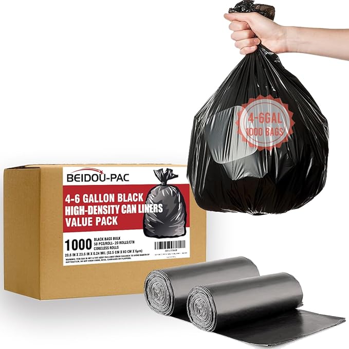 4-6 Gallon Trash Bags 1000 Count Bulk Value Pack Black Garbage bags Multi-purpose Trash Can Bin Liners for Bathroom Office Industrial Commercial Janitorial Municipal Recycling