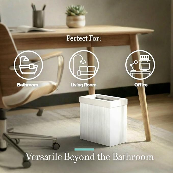 Gatco Small Bathroom Trash Can with Lid Rectangle 3 Gallon Wastebasket Under Sink White Oak with Matte White for Bathroom Bedroom Office (1943W)