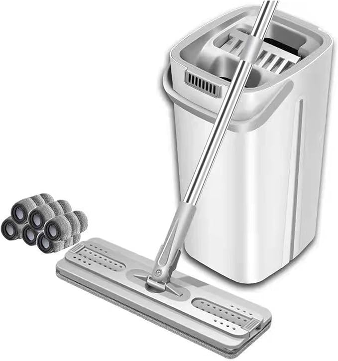 360° Rotating Floor Cleaning Mop with Bucket No Hand Washing Flat Squeeze Stain Removing Household Tool(White with 6 Cloth)