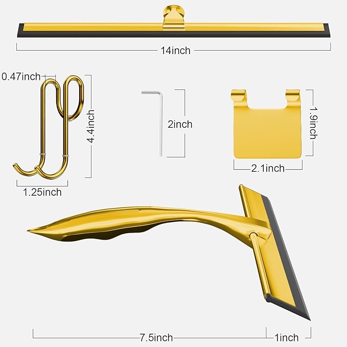 TOOVEM 14 Inch Shower Squeegee for Glass Doors Window Bathroom Car Windshield Shower Cleaning Tools with S Hook Square Sticky Hook (Gold)