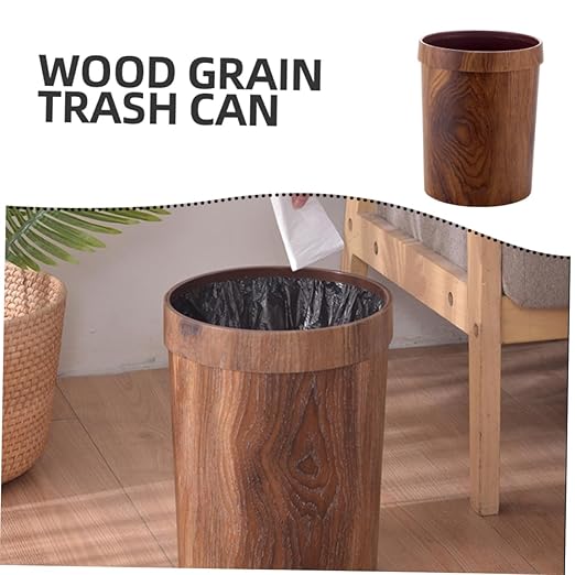 ABOOFAN Wood Grain Plastic Wastebasket Bathroom Trash Can Lid Press Ring Kitchen Garbage Can
