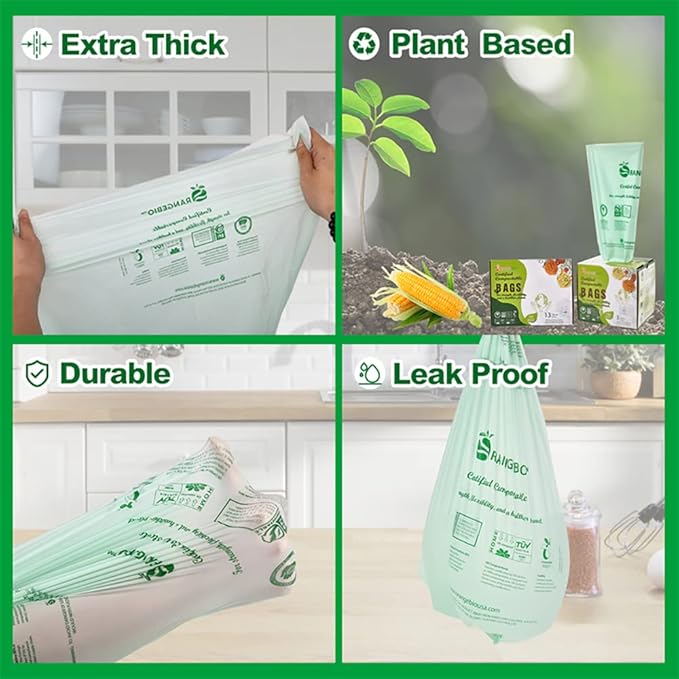 OrangeBio 6-8 Gallon Compostable Trash Bags 100 Count Kitchen Food Waste &amp Compost Bin Liners Plant-Based Garbage Bags BPI ASTM D6400 &amp TÜV OK Compost Home Certified