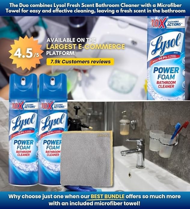 GROVE Power Foam Bathroom Cleaner Spray 24 oz Bundle with Microfiber Cloth - Powerful Foaming Bathroom Cleaner for Soap Scum and Limescale Removal - Leaves Surfaces Sparkling Clean - (3 Items)