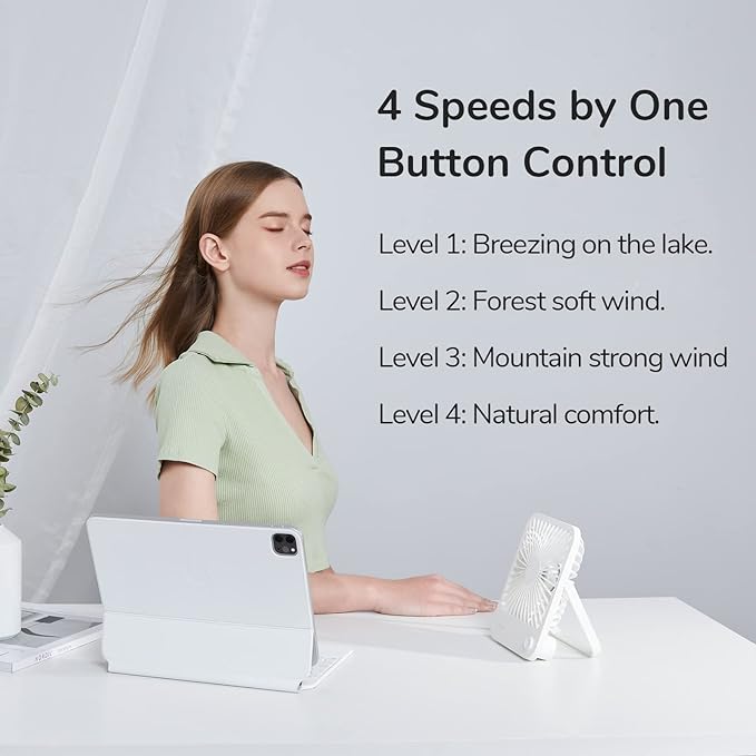 JISULIFE Desk Fan Battery Rechargeable 4500mAh 180°Foldable Portable Personal Fan 4 Speeds Adjustable Long Battery-life for Home Office Travel Outdoor Gifts for Women Men-White (Pack of 2)
