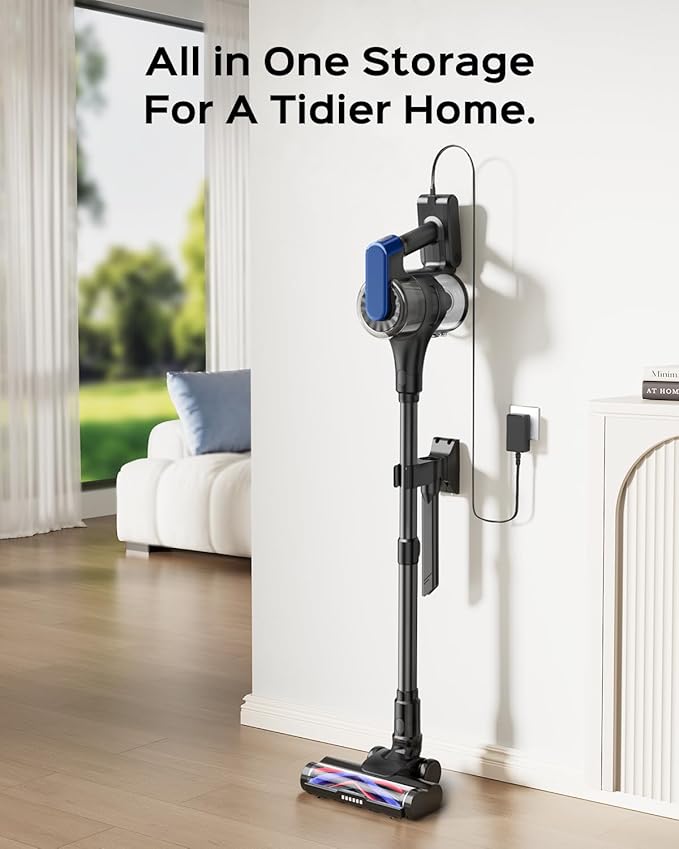 Cordless Stick Vacuum Cleaner – 3-in-1 Brush Roll for Hard Floors and Carpets 55 Min Runtime Rechargeable Lightweight Vacuum with Green LED Headlight for Pet Hair and Dust Cleaning