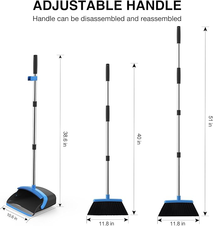 Broom and Dustpan Set 52-in Long Adjustable Handle Broom Dustpan Combo with Dust pan Teeth to Automatically Clean Hair Suitable for Home Kitchen Office Hall Floor (Black&ampBlue) 4 Pack