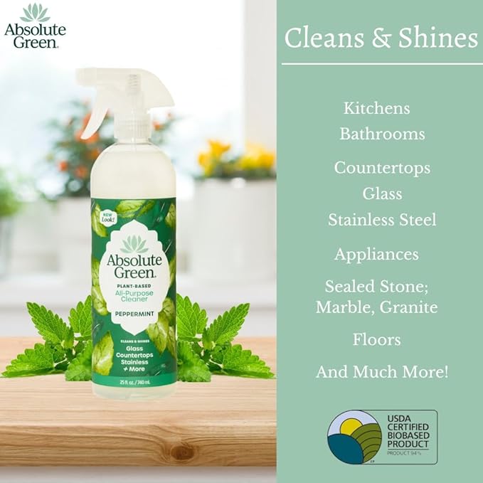 Absolute Green All Purpose Cleaner Spray Non-Toxic Kitchen Bath Countertop Stainless Safe around Kids + Pets Natural Peppermint Scent 25 oz (6 Pack)