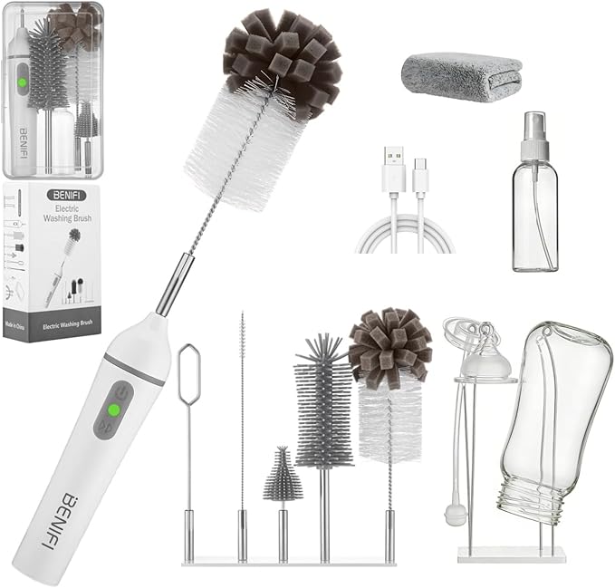 Electric Bottle Cleaner Pro 11 in 1 Baby Bottle Brush with Drying Rack Sponge Brush Silicon Brush Formula Mixer Nipple Brush Soap Dispenser Microfiber Cleaning Cloth Included