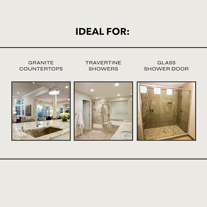 Hard Water Deposit Remover KIT - Scrub Deep Cleans Granite Countertops Travertine Showers Glass Shower Doors (1 Pint Stone Pro Stone &amp Glass -16 Fl Oz 5 white pad &amp Cleaning Cloth)