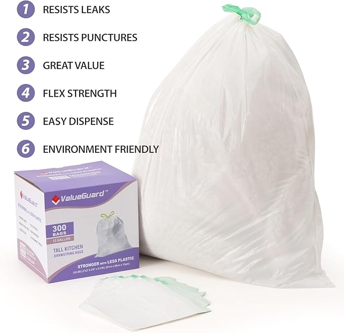 Trash Bags Garbage Bag 13 Gallon Drawstring Tall Waste Bag for Kitchen Office Party 0.6 Mil (300 Count)