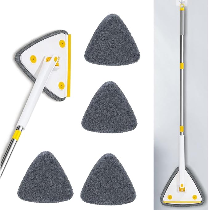 360° Rotatable Adjustable Cleaning MopTriangle Shaped Wall Mop with SqueegeeTelescopicLong Handle Microfiber DustWet and Dry Usefor WallCeilingWindowBaseboard-White||4 Cloth