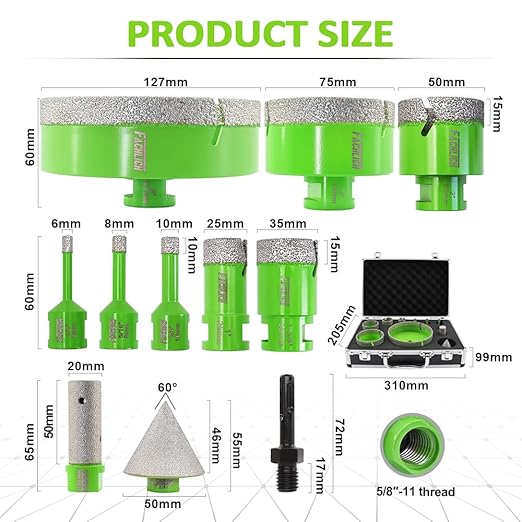 Diamond Core Drill Bits Set - Tile Hole Saw Kit 6/8/10/25/35/50/75/127MM+20F with 2 Diamond Beveling Chamfer Bits for Porcelain Ceramic Tile Granite Marble(11PCS)