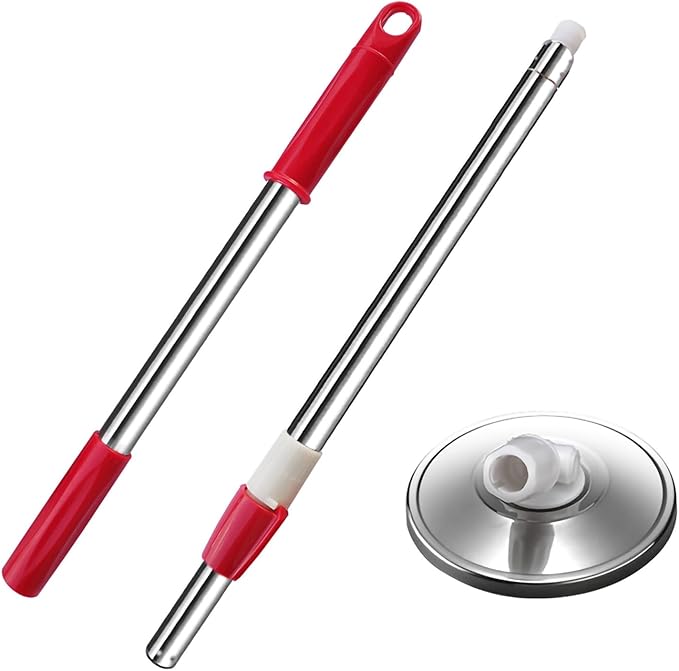 Spin Mop Replacement Mop Handle 49-inch 360 Degrees Rotating Telescopic Replacement Mop Stick with Stainless Steel Disc for Spin Mop Bucket Cleaning System (Stainless Steel Disc Red)