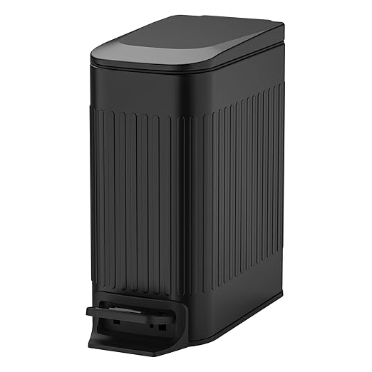 TIPGO Slim Bathroom Trash Can with Lid Soft Close Step Pedal 6 Liter / 1.6 Gallon Stainless Steel Trash Bin Small Garbage Cans for Bedroom Office Kitchen (Black)