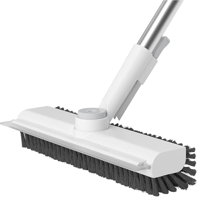 3-in-1 Floor Scrub Brush with Long Handle – Heavy-Duty Stiff Bristles &amp Built-in Scraper Effortless Deep Cleaning for Bathroom Shower Kitchen Garage Patio &amp Deck (White)