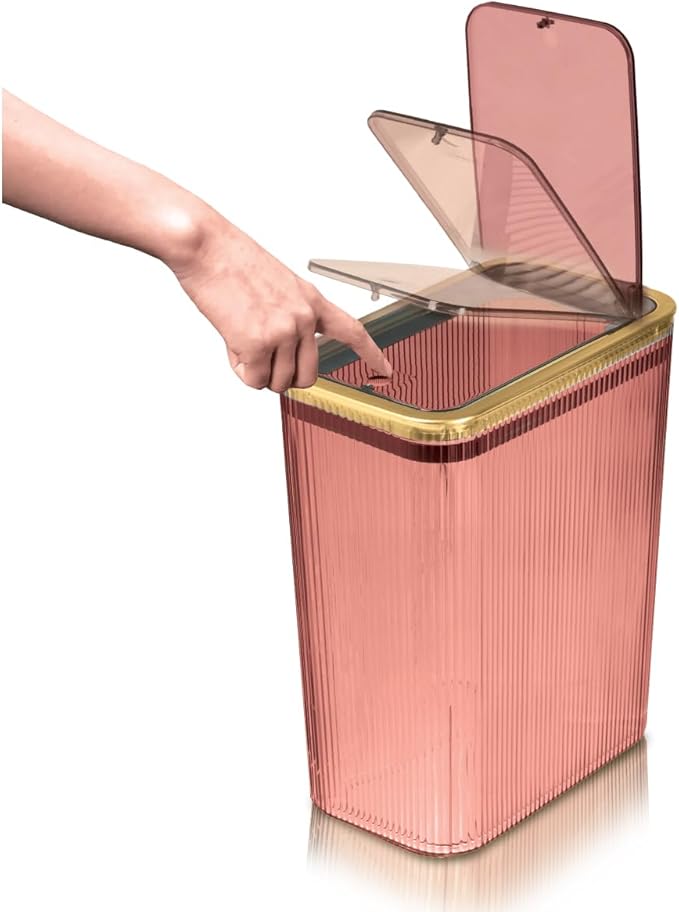 Glad Bathroom Trash Can 2.6 Gallon (10L) - Slim Plastic Waste Basket with Pop-Up Lid and Bag Ring - Colored Clear Trash Can for Bedroom Office College Dorm - Blush