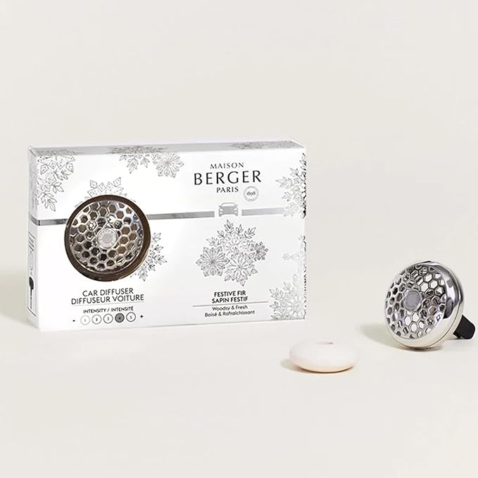 Maison Berger Car Diffuser Set – Refillable Vent Clip Ceramic Refill Made in France - Luxury Auto Scent - 4-Week Diffusion - Elegant Air Freshener for All Car Vents (Festive Fir)