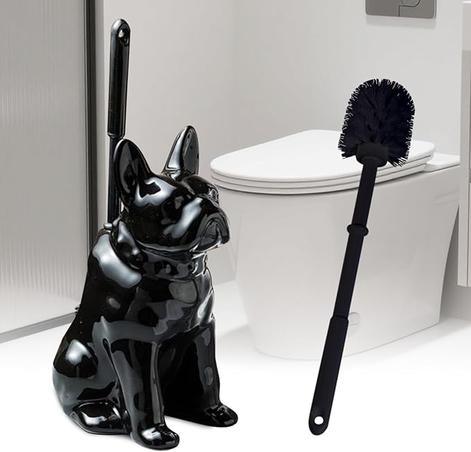 Toilet Brush Holder Set for Bathroom Cute Dog Base Solidly Toilet Bowl Brush Holder and Decorative Bathroom Ceramic Cleaning Kit with Brush and Holder (Black)
