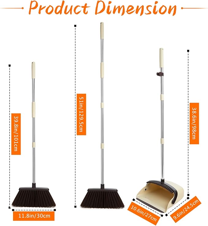 Broom and Dustpan Set Dustpan Combo with 51 Stainless Steel Long Handle Brooms with 5-Layer Soft Bristles for Home Office Kitchen Bathroom(Beige)