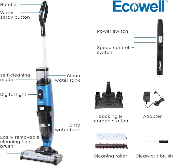 Ecowell Cordless Wet Dry Vacuum Cleaner Multi-Surface for Hard Floors and Area Rug Voice Prompt LULU Quick Clean P04 Blue