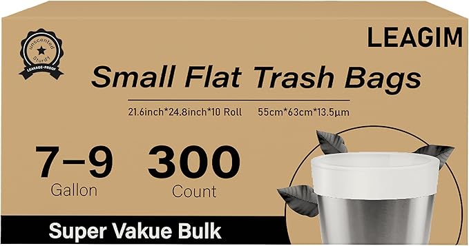300 Count 7-9 Gallon Trash Bags 13 Micron Extra Thick 8 Gallon Medium Garbage Bags Unscented White Wastebasket Trash Can Liners for Bathroom Kitchen Home Office