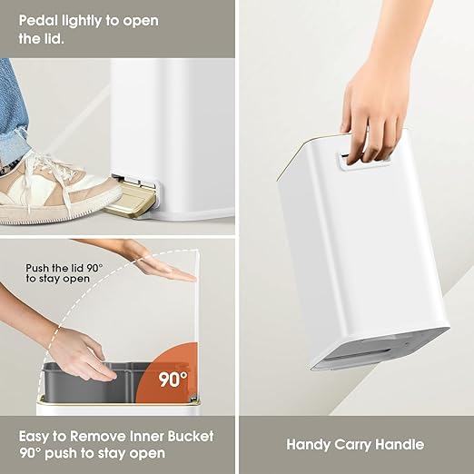 Small Bathroom Trash Can with Lid Soft Close 5L / 1.3 Gallon Slim Garbage Can with Removable Inner Bucket Step Stainless Steel Trash Bin for Office Bathrooms Bedroom Living Room (White)