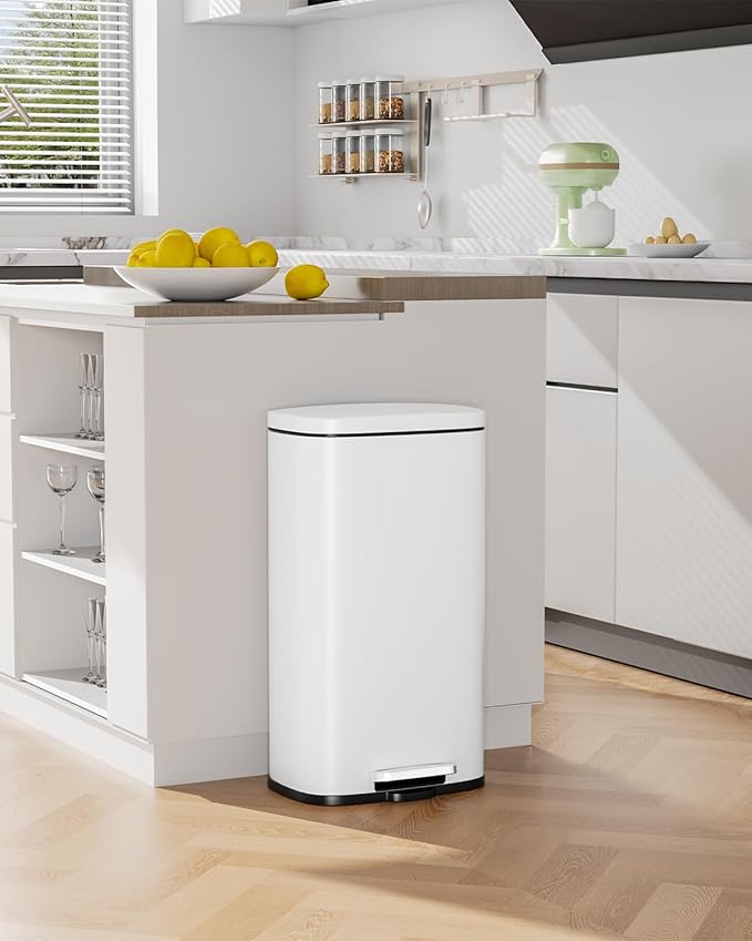 Arlopu13.2 Gallon Step Trash Can Stainless Steel Garbage Bin Soft-Close Rubbish Bin with Removable Plastic Inner Bucket Fingerprint-Proof Lid Dustbin Suit for Kitchen Home (White 50L)