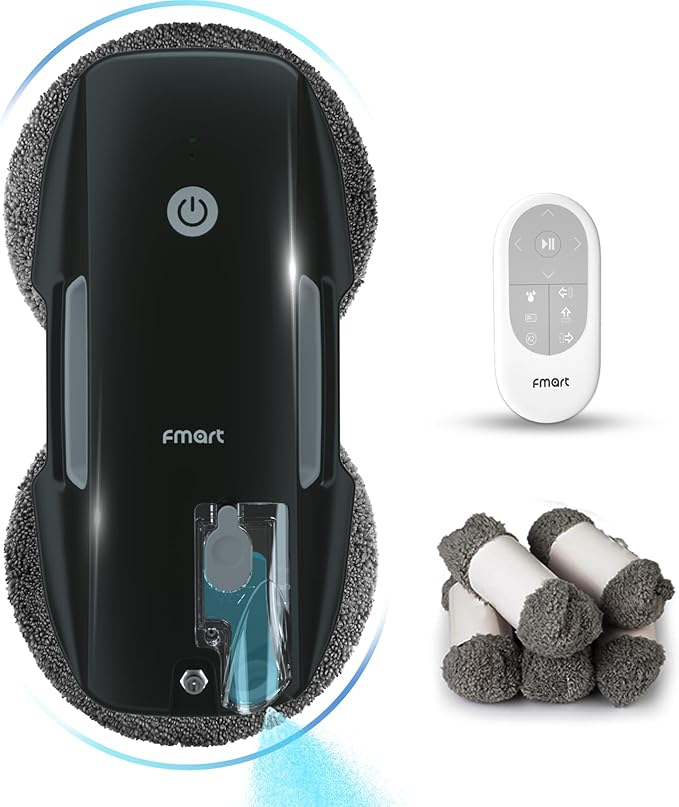 FMART T9Pro Window Cleaning Robot - 3800PA Ultrasonic Water Spray AI Path Planning AI Edge Detection Window Cleaner Robotic with Remote Control &amp 10 Cloths - Deep Clean Windows Tiles