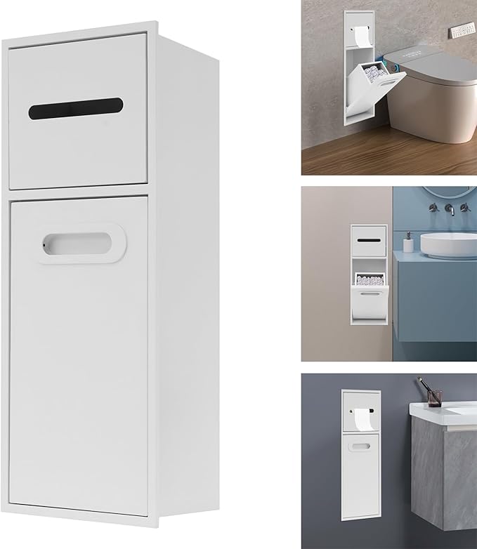 Recessed Bathroom Trash Can with Toilet Paper Holder Stainless Steel Hidden Tilt Out Trash Can Cabinet Modern in-Wall Niche for Bathroom Bedroom Office