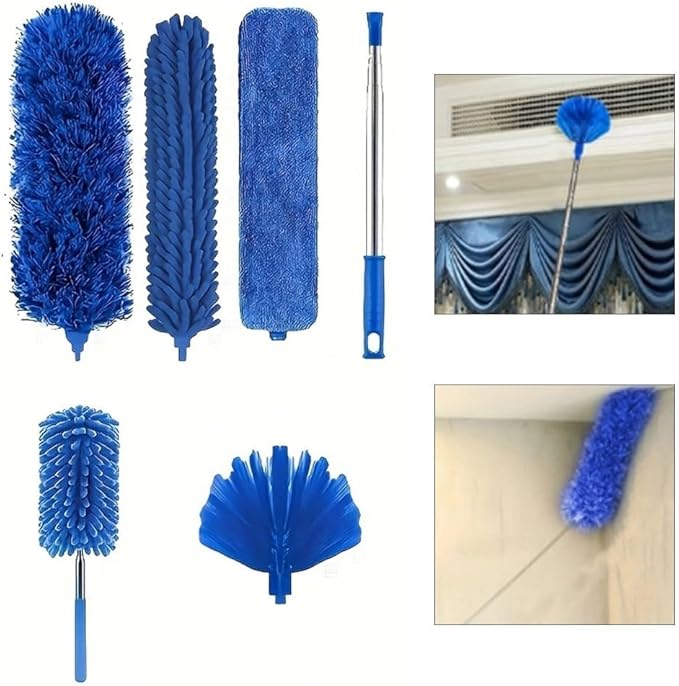 6pcs Telescopic Duster Set Extendable to 213cm Microfibre Mop with Hook High Ceilings and Cobwebs Washable Cleaning Brush Kit Blue
