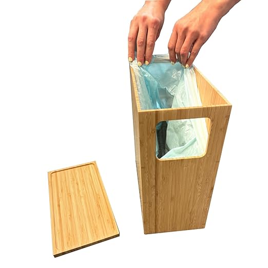 MobileVision Bamboo Slim Trash Can with Lid Waste Basket for Bathroom Bedroom Office Vanity Salon or Spa Small Spaces Rectangle Bag Liners Included