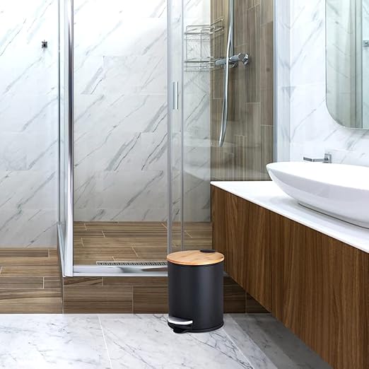 Mini Trash Can with Bamboo Lid Soft Close and Foot Pedal 0.8Gal / 3L Tiny Round Trash Can with Removable Plastic Inner Wastebasket for Bathroom Bedroom Powder Room Office Desk Car Black