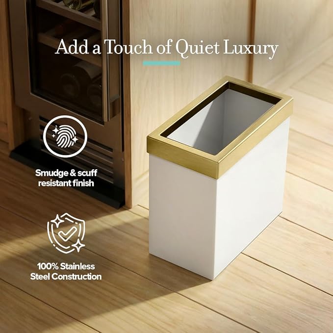 Gatco Modern Rectangle Wastebasket Matte Pearl and Brushed Brass Combo - Stainless Steel Trash Can with Removable Lid Leakproof 3 Gallon Capacity for Bathroom Bedroom Kitchen or Office